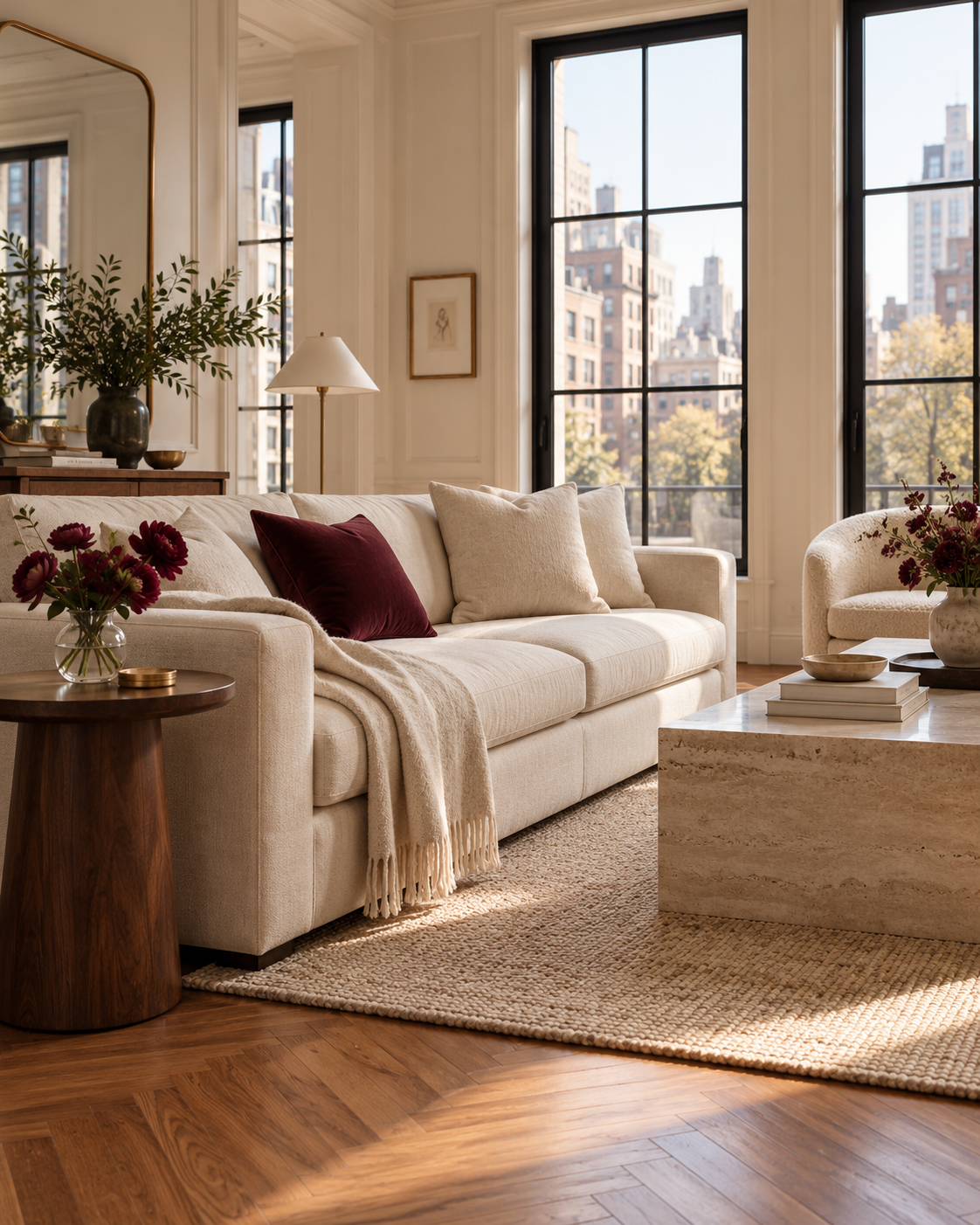 Illustrative sunlit living room with a cream sofa, burgundy accents and a neatly arranged coffee table