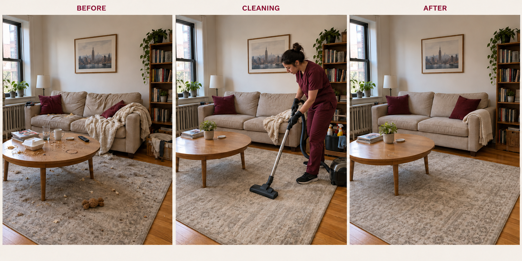 Illustration of the same living room before cleaning, being vacuumed, and after cleaning